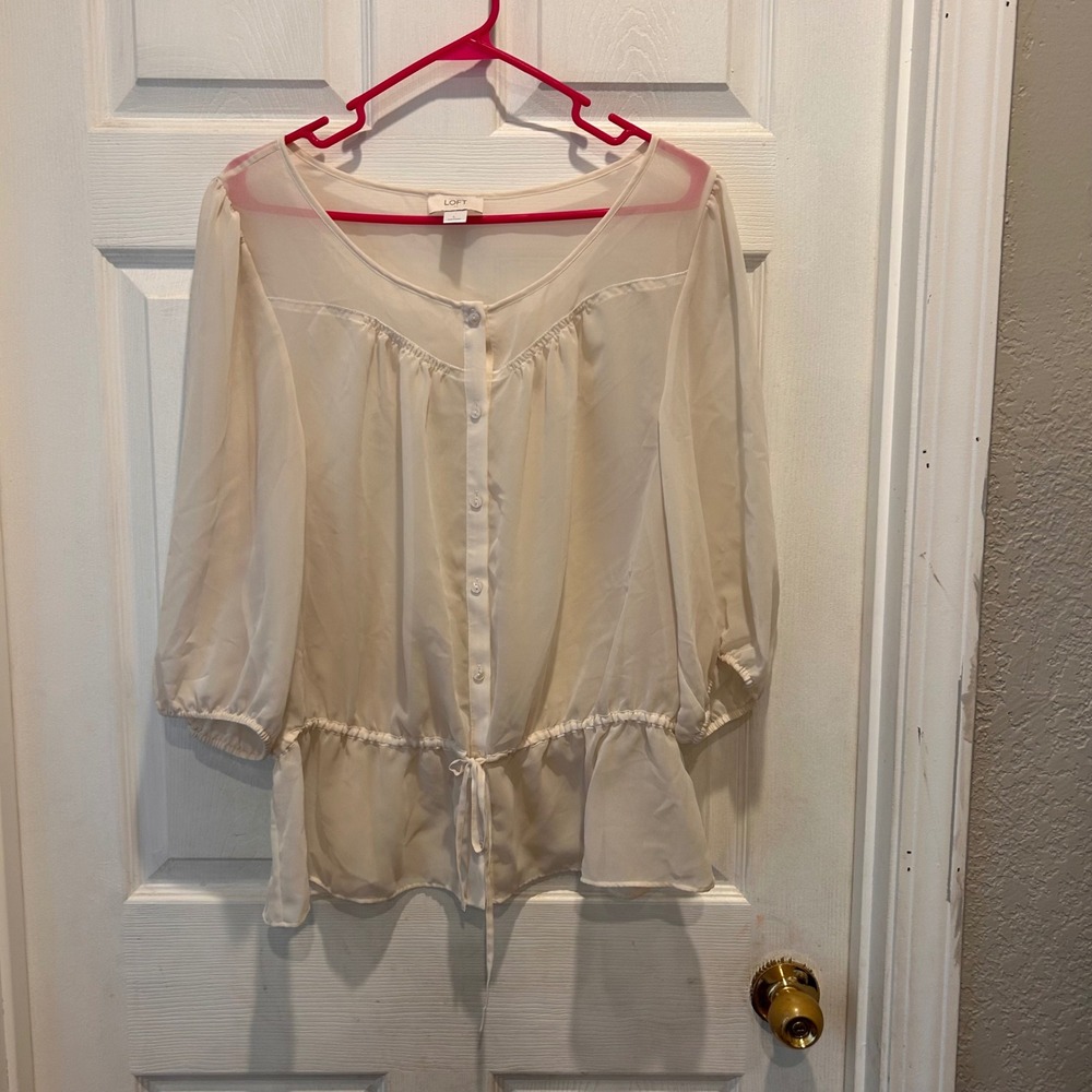 Loft Women's L Cream Sheer Button Down Top Blouse Drawstring Peplum Cottagecore - Picture 1 of 7